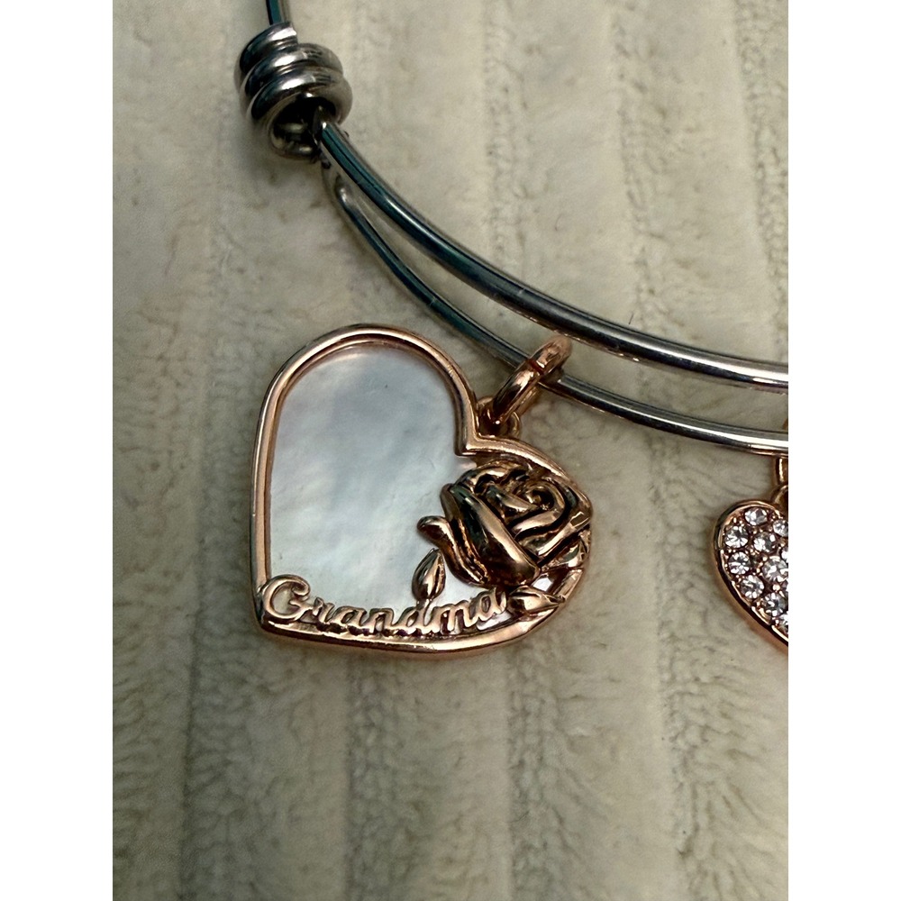 Grandma Mother of Pearl Heart Rose Crystal Expandable Bangle Charm Bracelet Gift